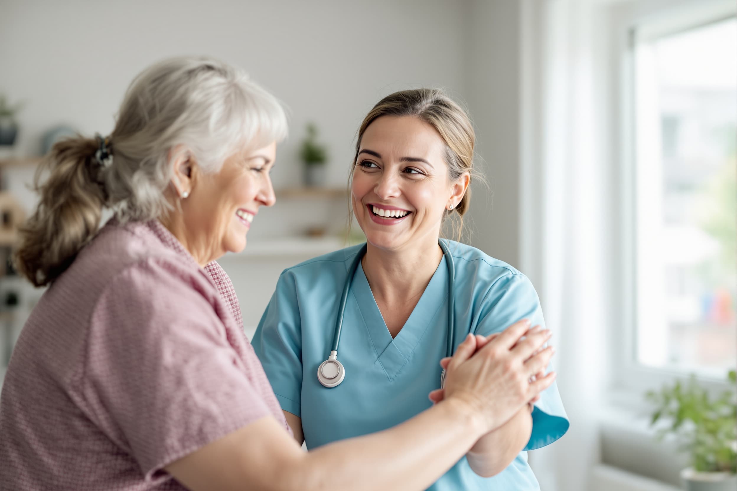 Caregiver and senior smiling together